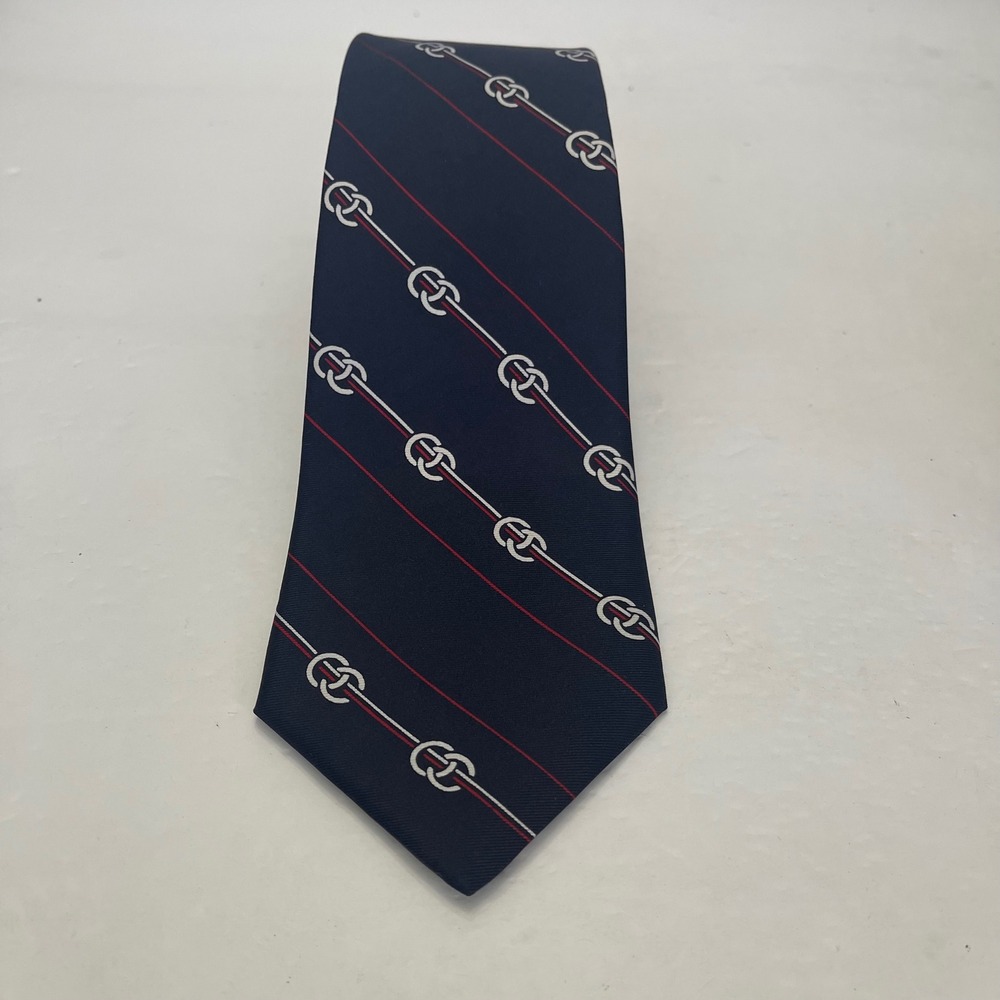 Orient‎ Mens Silk Tie Navy Blue Red White Interlocking Chain Link Striped